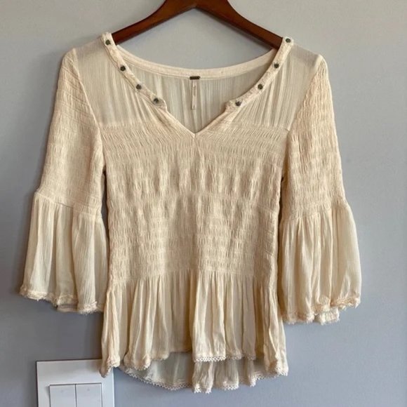 Free People Tops - Free People Smocked Cream 3/4 Bell Sleeve Blouse Top | LIKE NEW | medium